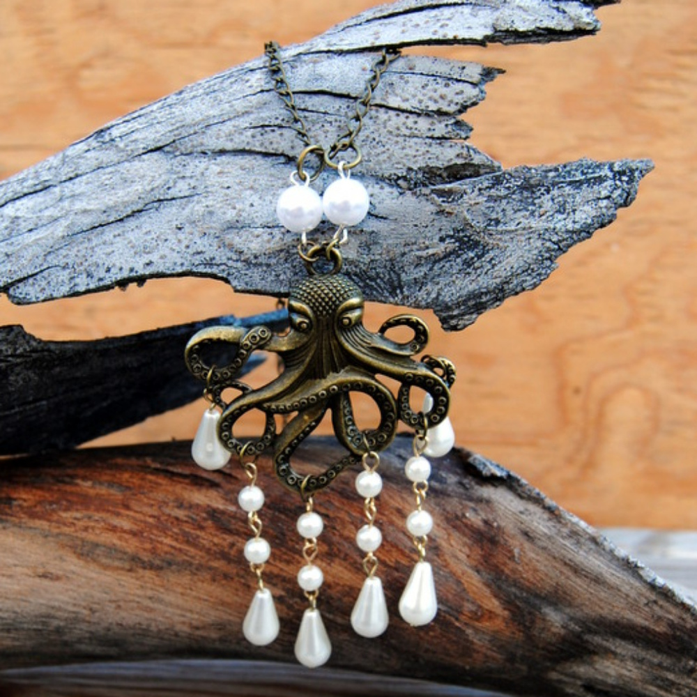Kraken Octopus Pendant with Dangling Pearl Beads